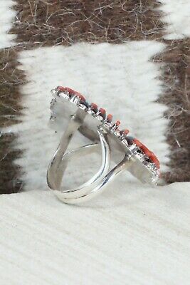 Turquoise, Coral & Sterling Silver Ring - Edmund Cooeyate - Size 6