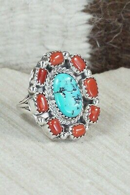 Turquoise & Coral Sterling Silver Ring - Roberta Begay - Size 6