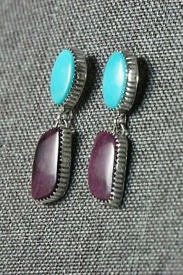 Navajo Turquoise & Spiny Oyster Sterling Silver Earrings - Alvin Joe - High Lonesome Trading