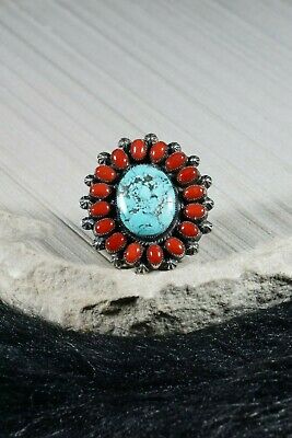 Navajo Turquoise, Coral and Silver Ring - Annie Chapo - Size 10.5 - High Lonesome Trading