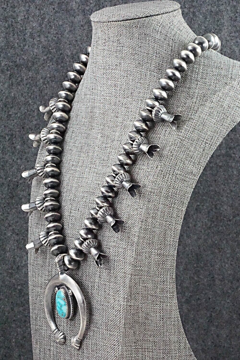 Turquoise & Sterling Silver Navajo Pearl Squash Blossom Necklace - Presley Haley