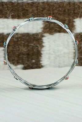 Navajo Turquoise, Coral & Sterling Silver Bangle Cuff - Tim Yazzie