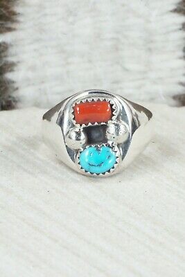 Turquoise, Coral & Sterling Silver Ring - Wilbur Myers - Size 11