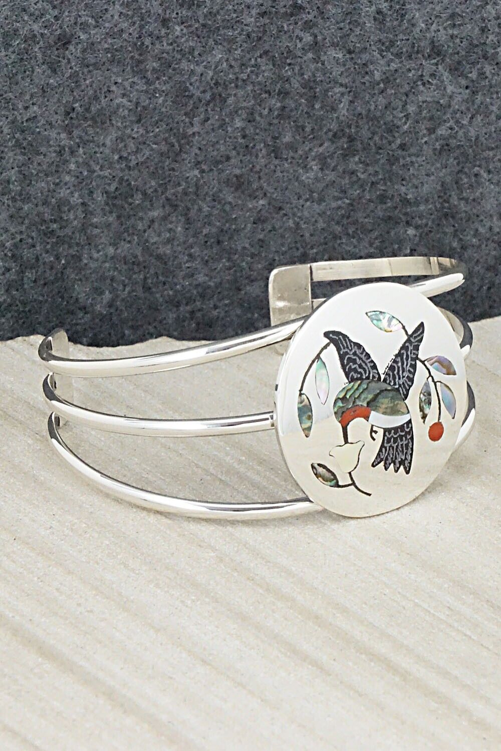 Coral, Onyx, Abalone Shell & Sterling Silver Bracelet - Derrick Edaakie