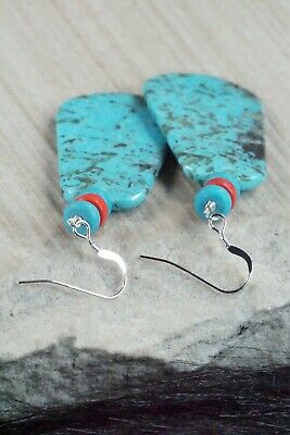 Turquoise, Coral & Sterling Silver Earrings - Lupe Lovato