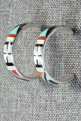 Multi Stone Inlay & Sterling Silver Hoop Earrings - Delberta Boone - High Lonesome Trading