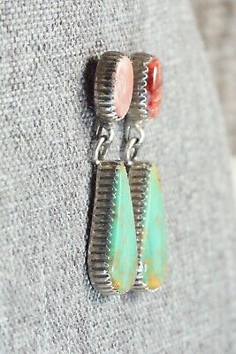 Turquoise, Spiny Oyster & Sterling Silver Earrings - Navajo