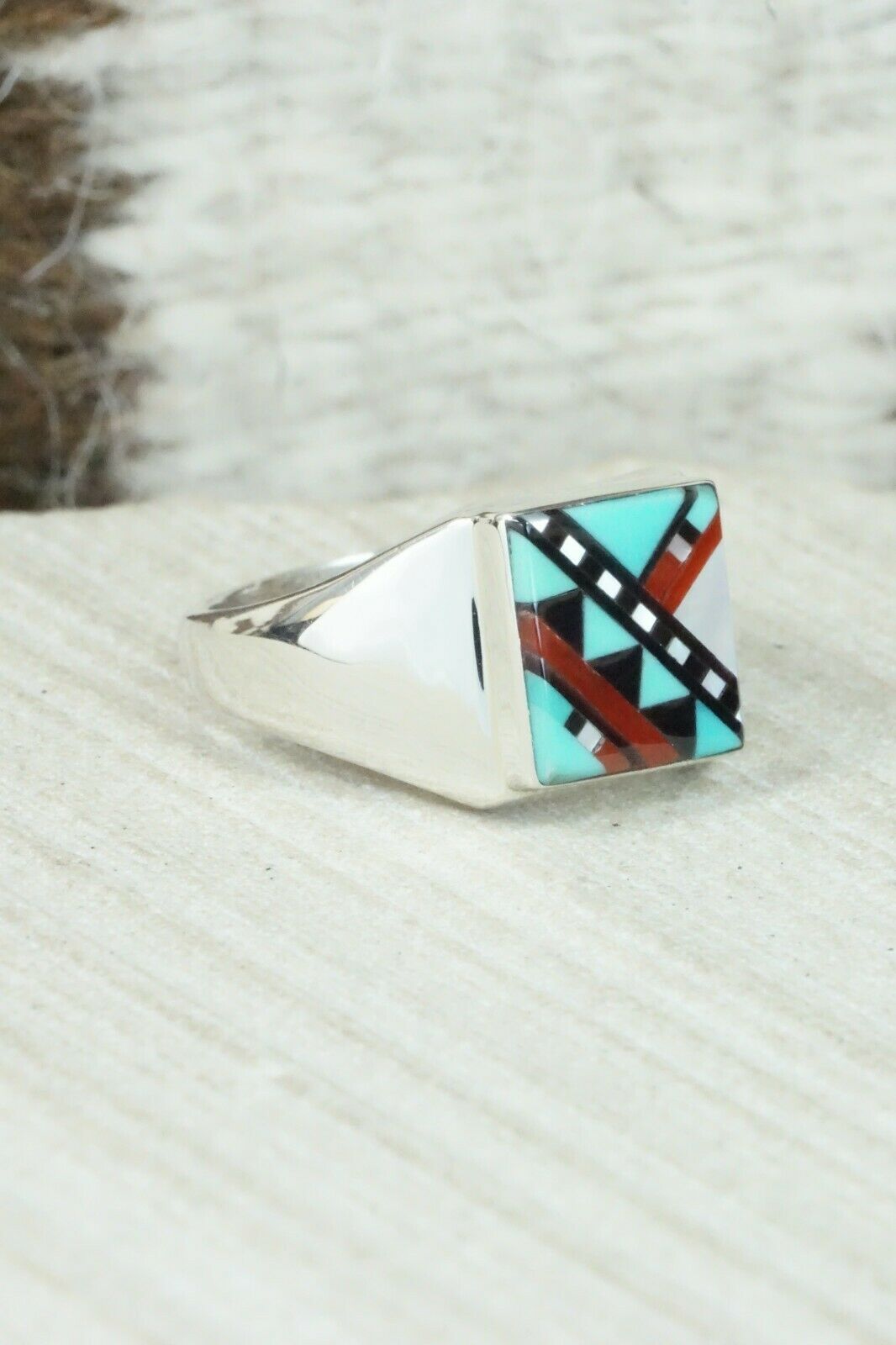 Multi Stone & Sterling Silver Ring - Herbert Kallestewa - Size 9.5