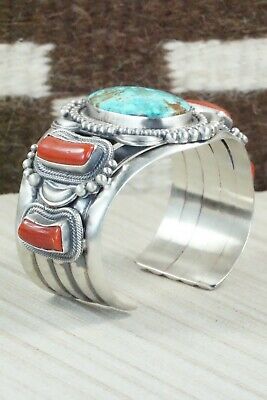 Turquoise, Coral and Sterling Silver Bracelet - Tom Lewis