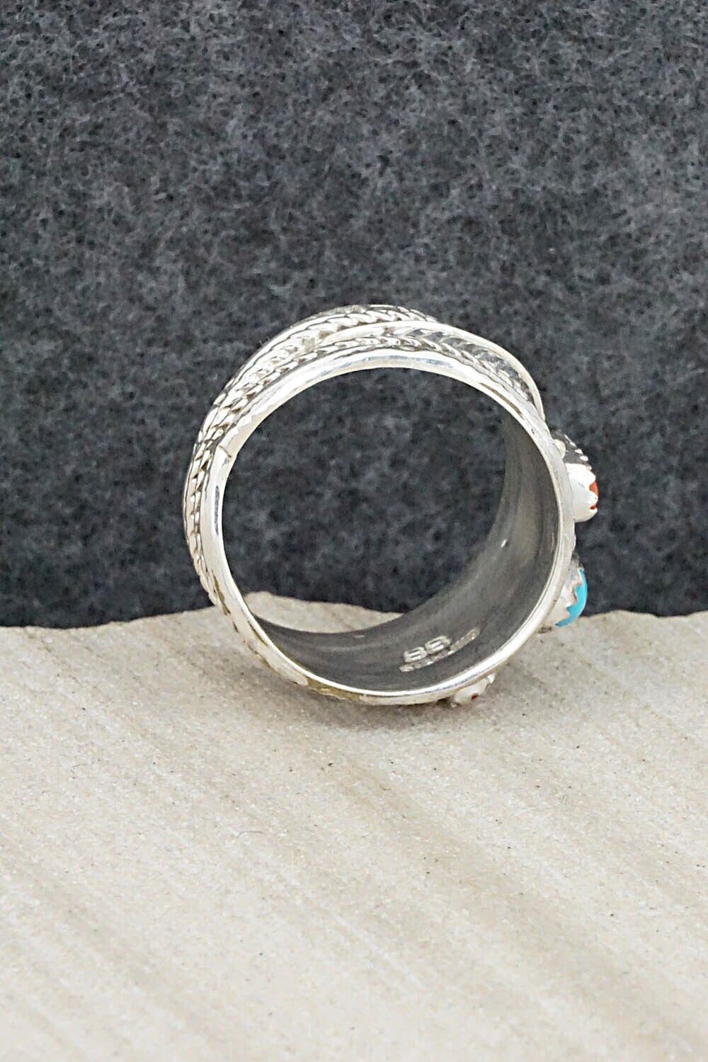 Turquoise, Coral and Sterling Silver Ring - Betty Begay - Size 9.5