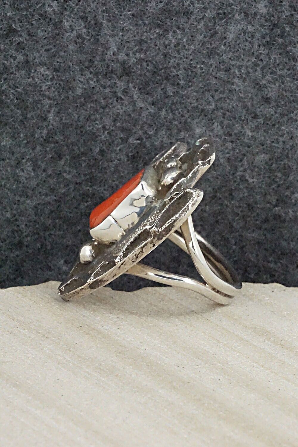 Coral & Sterling Silver Ring - Delbert Arviso - Size 8