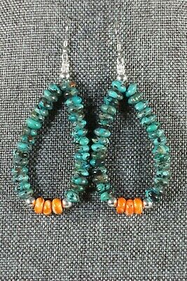 Navajo Turquoise and Spiny Oyster Hoop Earrings - Native American - High Lonesome Trading