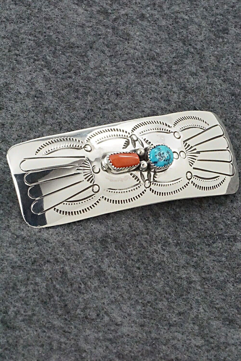 Turquoise, Coral & Sterling Silver Hair Barrette - Joann Silver