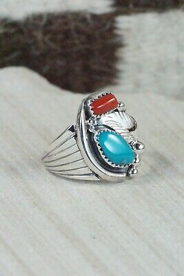 Navajo Turquoise, Coral & Sterling Silver Ring - Jeanette Saunders - Size 9
