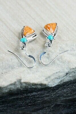 Navajo Turquoise & Spiny Oyster Sterling Silver Earrings - Gary Shorty