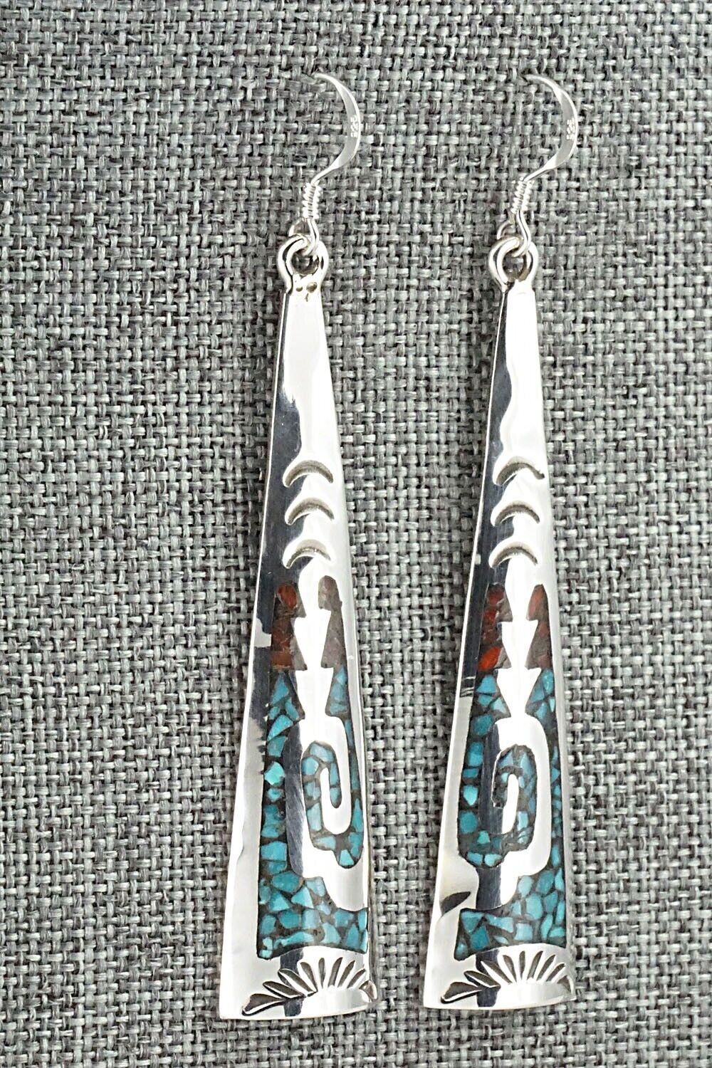 Turquoise, Coral & Sterling Silver Earrings - Jolene Yazzie
