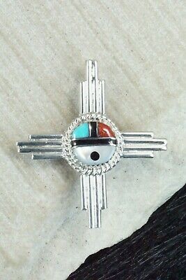 Turquoise, Coral & Sterling Silver Sun Face Pendant/ Pin - Elvira Kiyite