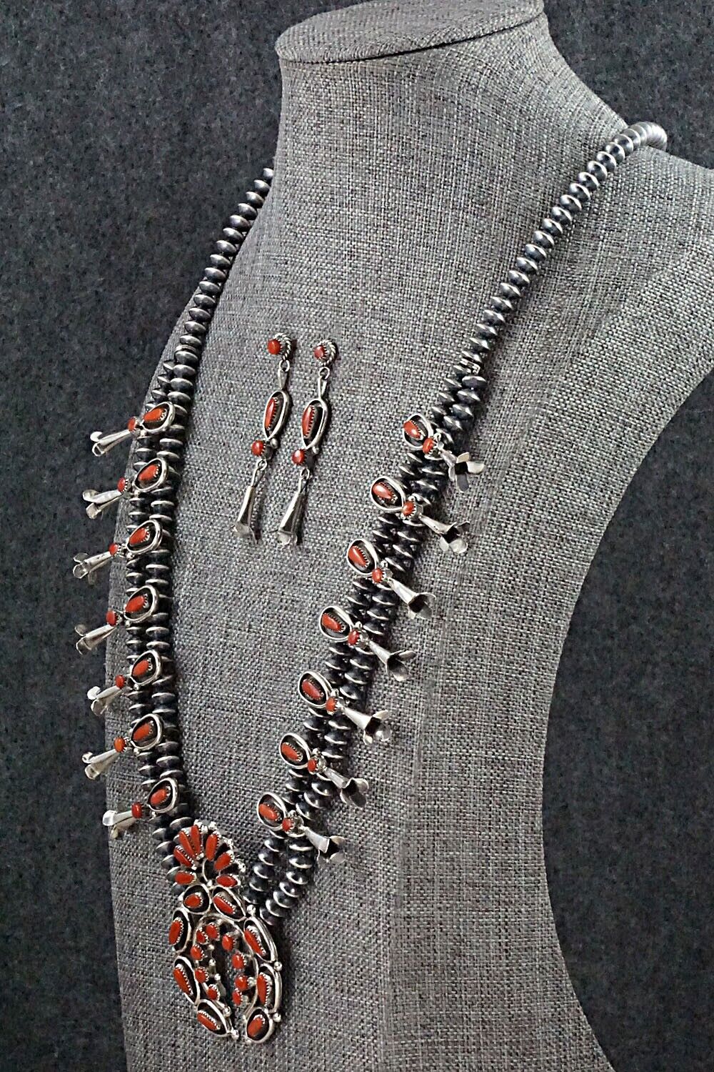 Coral & Sterling Silver Squash Blossom and Earrings - Vie Bobelu