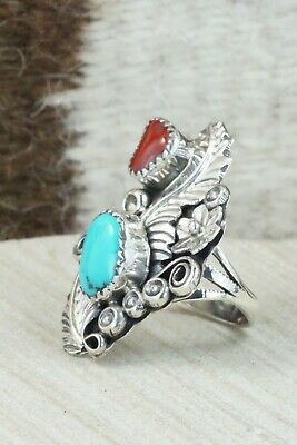 Turquoise, Coral & Sterling Silver Ring - Harry Yazzie - Size 9.25