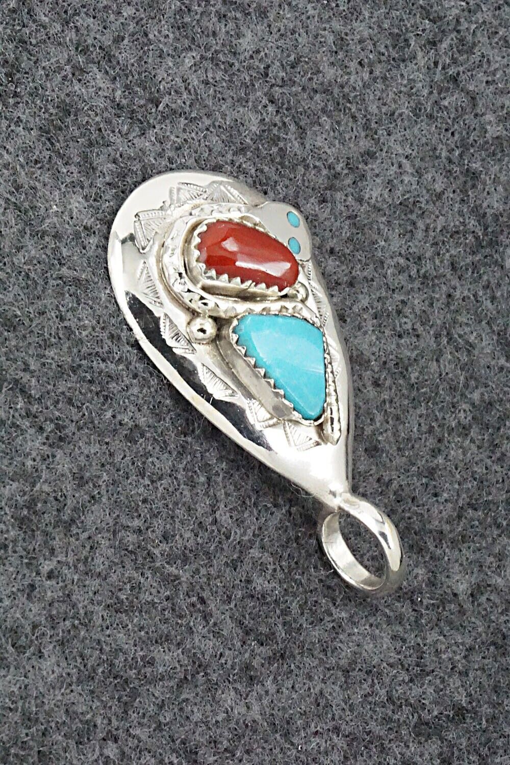 Turquoise, Coral and Sterling Silver Pendant - Joy Calavaza