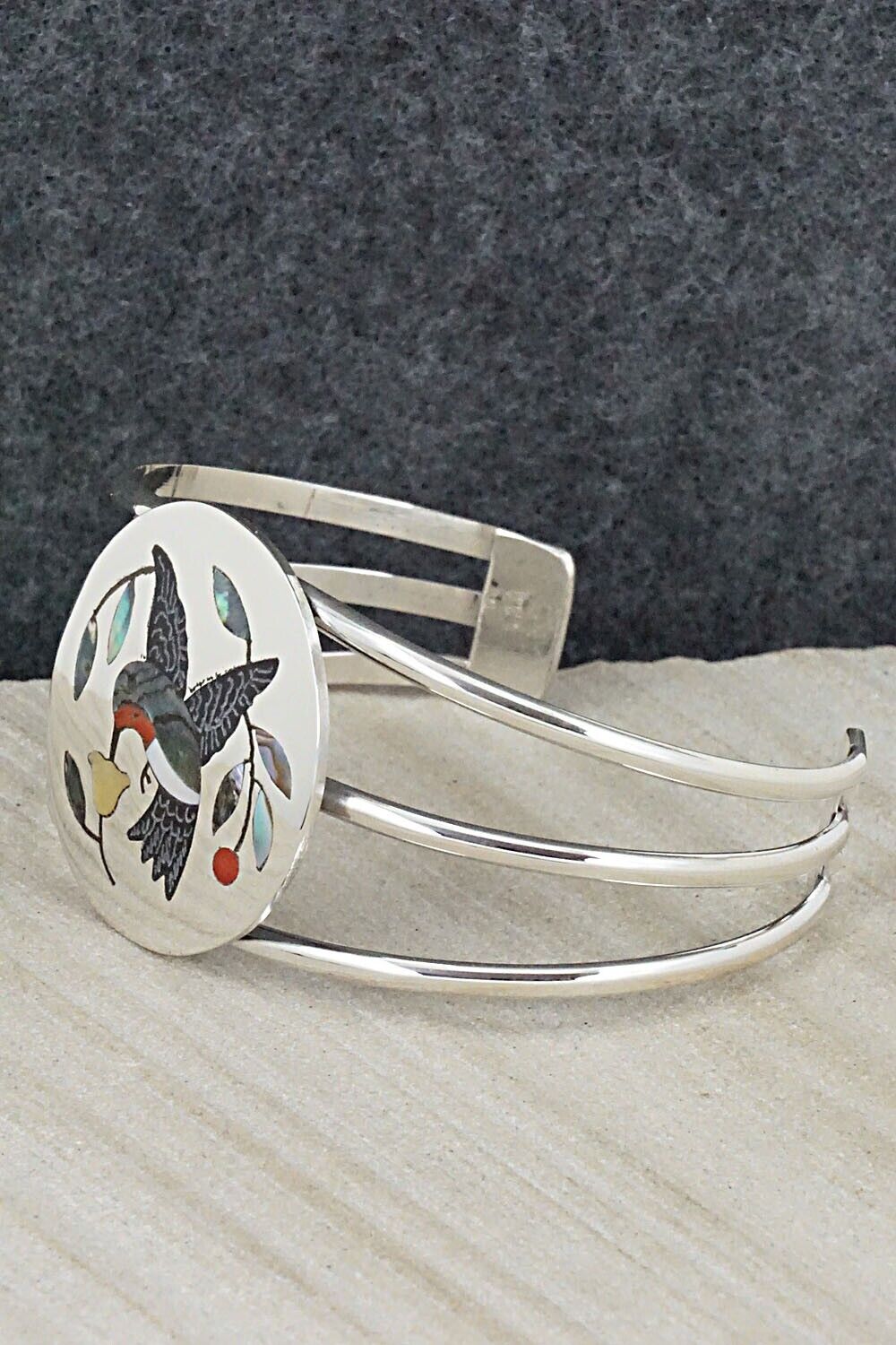 Coral, Onyx, Abalone Shell & Sterling Silver Bracelet - Derrick Edaakie