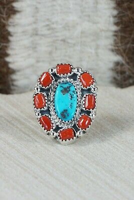 Navajo Turquoise, Coral & Sterling Silver Ring - Roberta Begay - Size 6.5