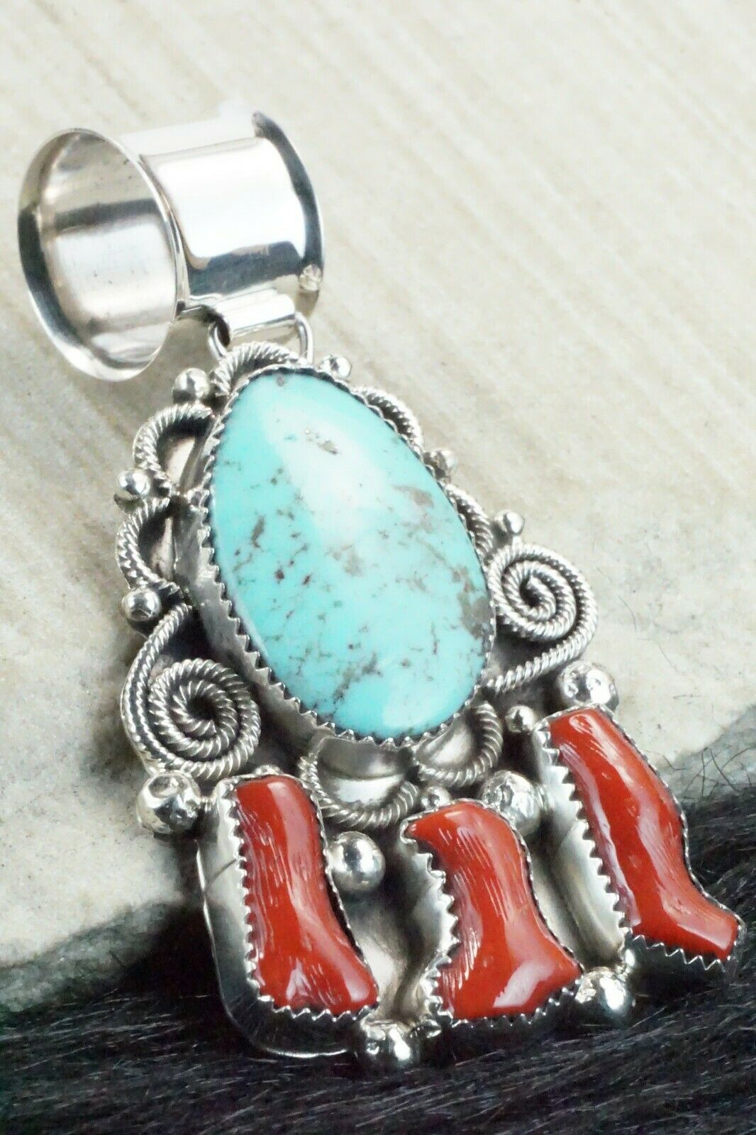 Turquoise, Coral and Sterling Silver Pendant - Shirley Largo