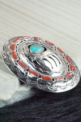 Turquoise, Coral & Sterling Silver Belt Buckle - Wilbert Muskett Sr.