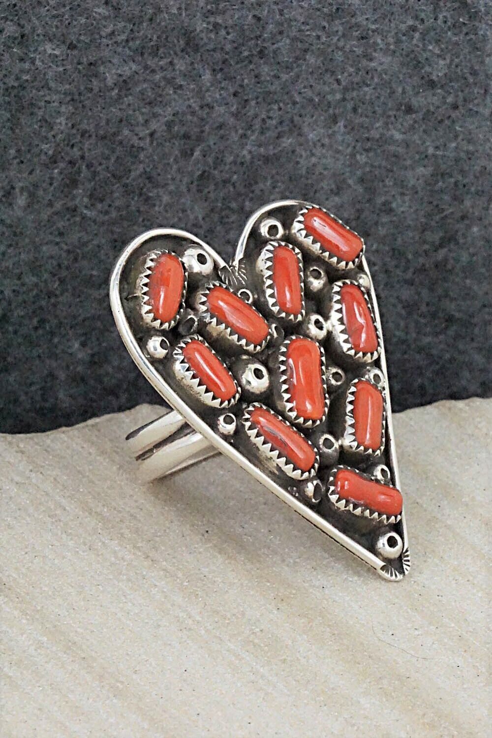 Coral & Sterling Silver Ring - Priscilla Reeder - Size 8