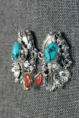 Navajo Turquoise, Coral & Sterling Silver Earrings - Harry Yazzie - High Lonesome Trading