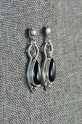 Navajo Onyx and Sterling Silver Earrings - Verley Betone - High Lonesome Trading
