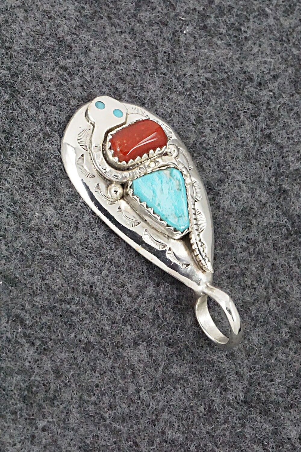 Turquoise, Coral and Sterling Silver Pendant - Joy Calavaza