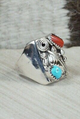Turquoise, Coral and Sterling Silver Ring - Wilbur Myers - Size 9