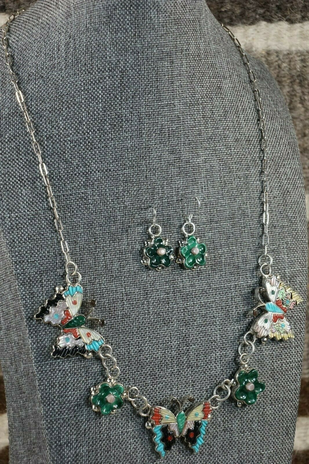 Zuni Inlay Butterfly and Flower Necklace and Earrings - Tamara Pinto - High Lonesome Trading