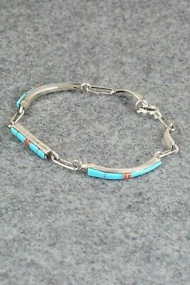 Turquoise & Coral Sterling Silver Bracelet - Roland Natachu