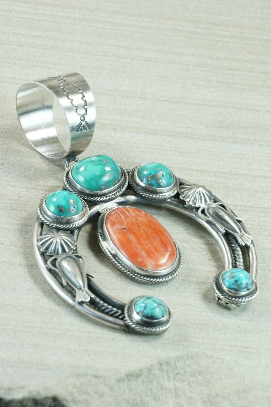 Turquoise, Spiny Oyster and Sterling Silver Pendant - Raymond Delgarito