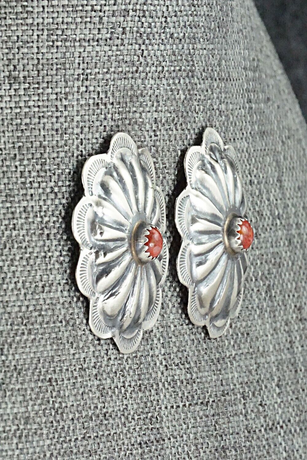 Spiny Oyster & Sterling Silver Earrings - Joan Begay