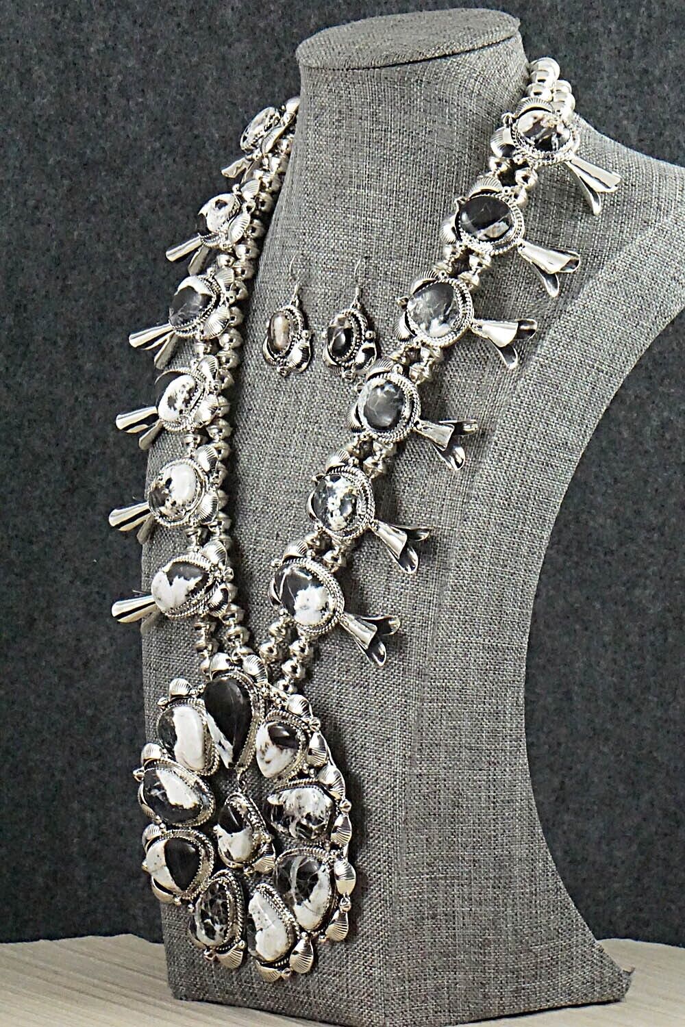 White Buffalo & Sterling Silver Squash Blossom Set - Vernon Johnson