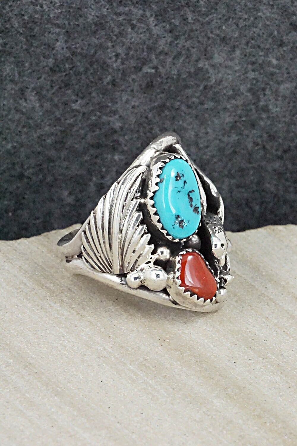 Turquoise, Coral & Sterling Silver Ring - Jeannette Saunders - Size 9.25