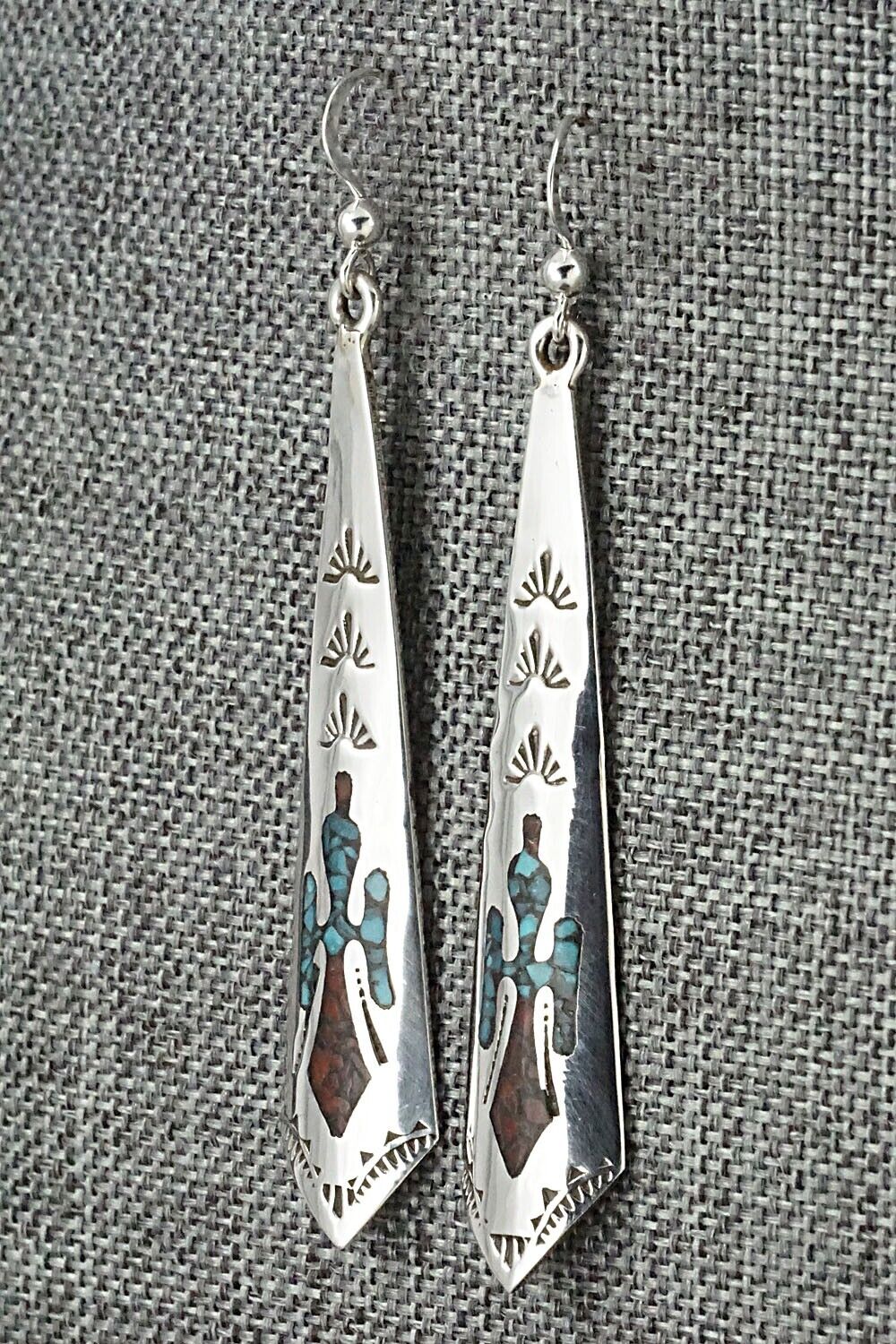 Turquoise, Coral & Sterling Silver Earrings - Jolene Yazzie
