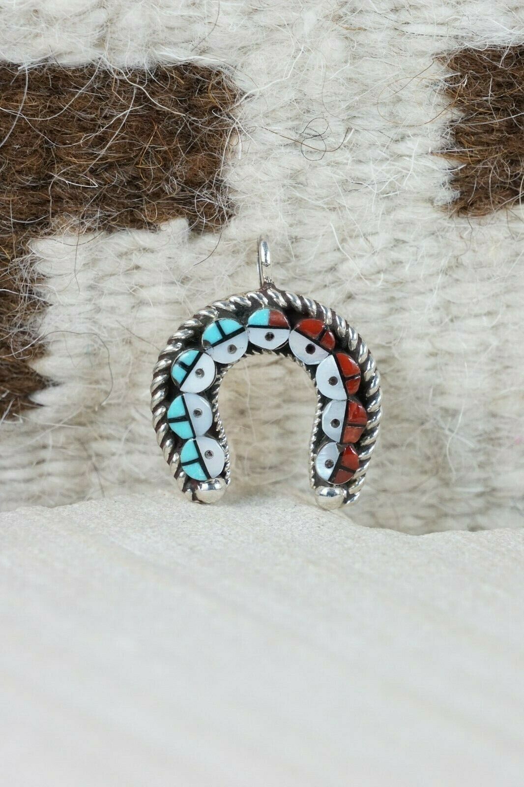 Zuni Turquoise and Coral Sterling Silver Sunface Pendant - Janice Lalio - High Lonesome Trading