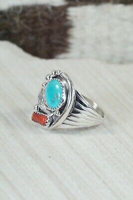 Navajo Turquoise, Coral & Sterling Silver Ring - Jeanette Saunders - Size 10.75