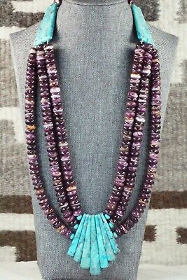 Turquoise, Spiny Oyster & Sterling Silver Necklace - Lupe Lovato