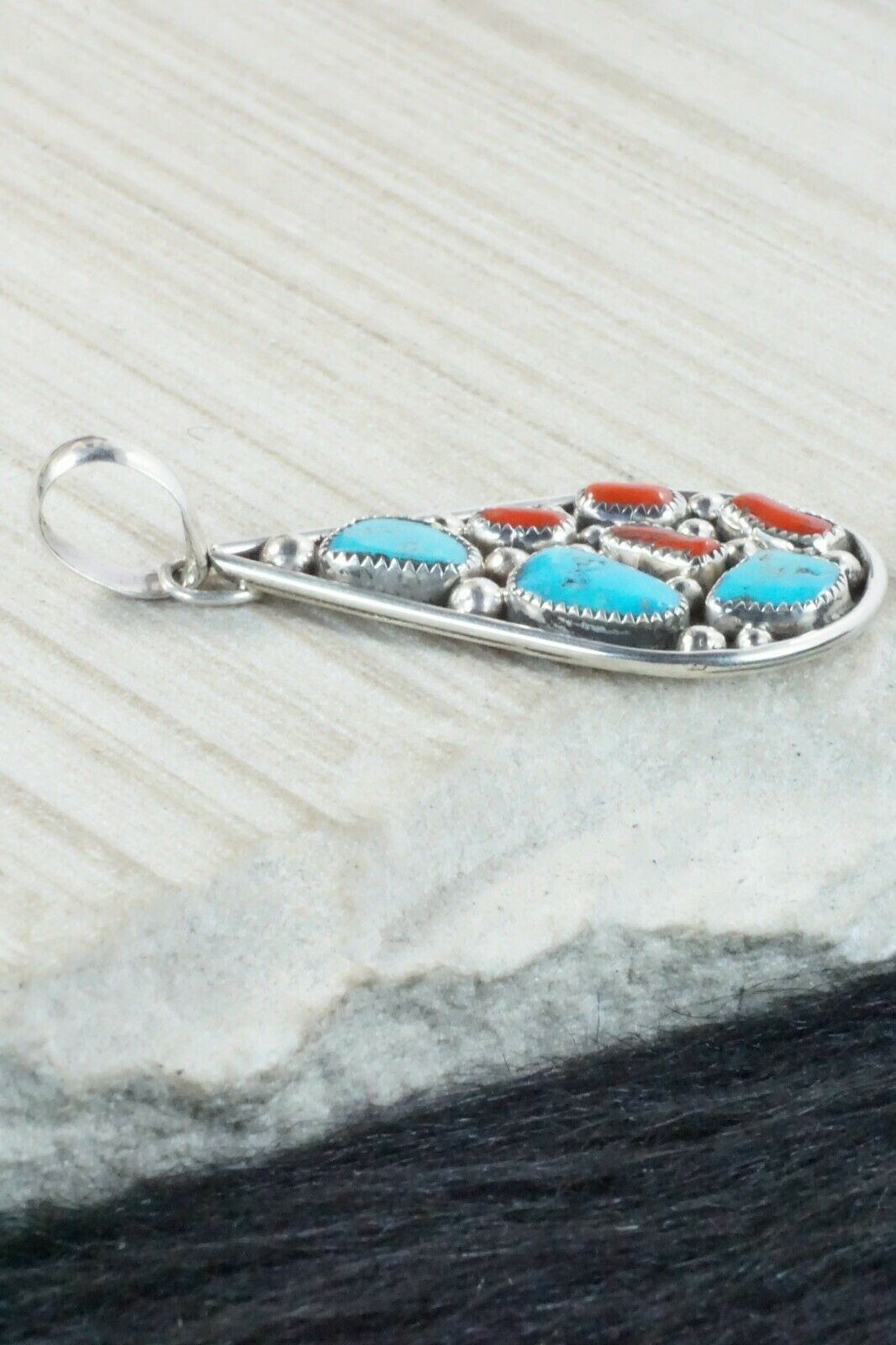 Turquoise, Coral and Sterling Silver Pendant - Priscilla Reeder