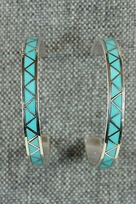 Zuni Turquoise & Sterling Silver Hoop Earrings - Claudine Haloo - High Lonesome Trading
