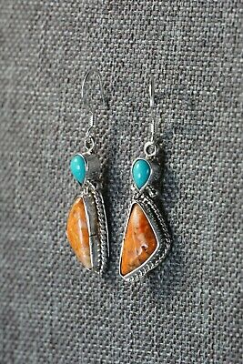 Navajo Turquoise & Spiny Oyster Sterling Silver Earrings - Gary Shorty