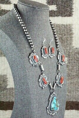Turquoise, Coral & Sterling Silver Necklace and Earrings - Tom Lewis