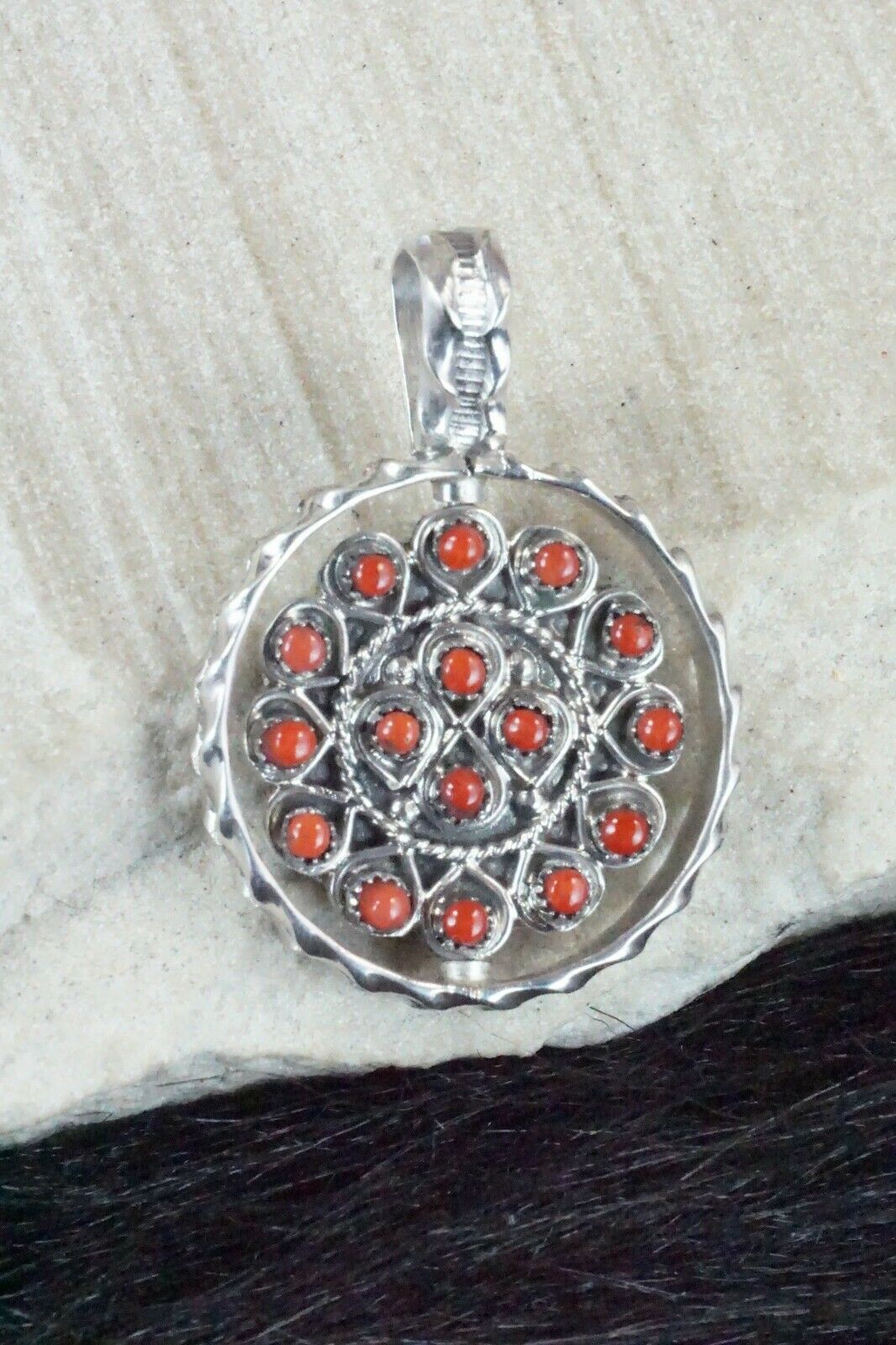Turquoise, Coral & Sterling Silver Pendant - Waylon Johnson - High Lonesome Trading