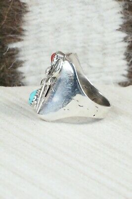 Turquoise, Coral and Sterling Silver Ring - Wilbur Myers - Size 9
