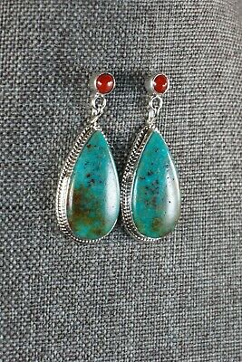 Navajo Turquoise and Coral Sterling Silver Earrings - Judy Largo